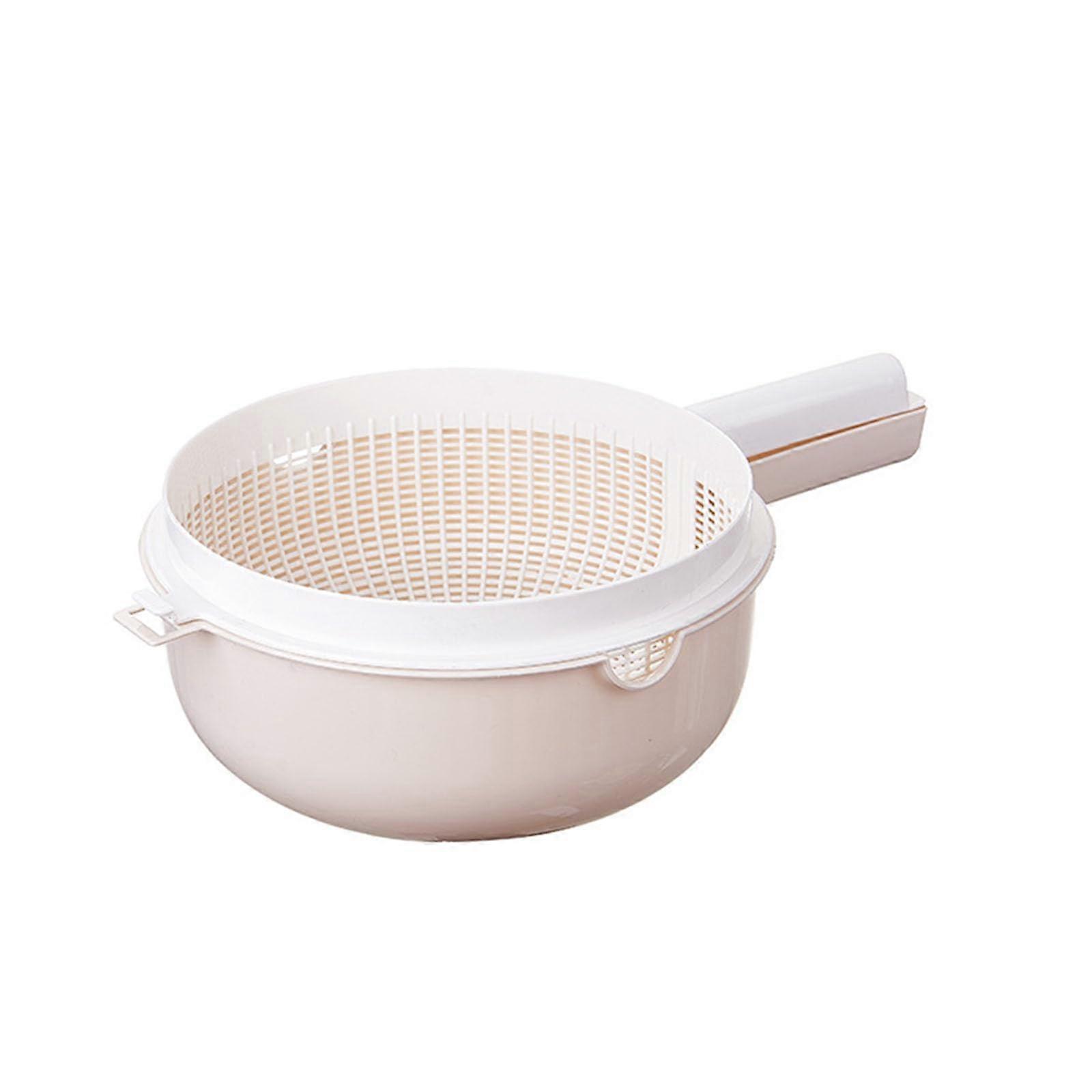 2 in 1 Kitchen Strainer Bowl with Handle, Double Layer Vegetable Colander for Rice, Fruit, Beige