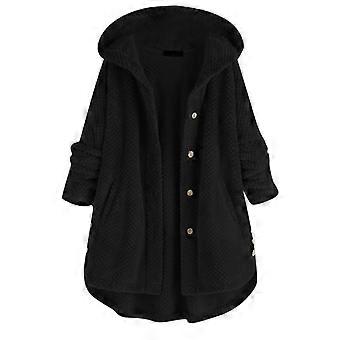 Manteau long asymétrique à poches pour femme, veste polaire tendance à capuche et boutons, manches en polaire, grandes tailles disponibles.