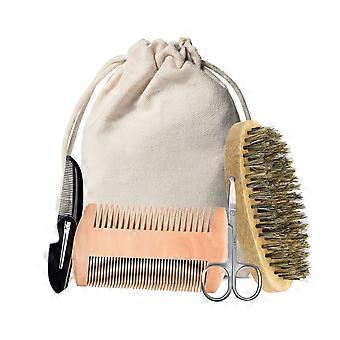 3/5Pcs Men Beard Grooming Kit with Boar Bristles Oval Brush Foldable Double-Sided Wooden Comb Scissors Storage Bag Men Mustache Care Kit