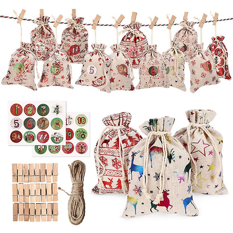 Christmas Diy Advent Calendar Countdown 1-24 Numbers Bag Candy Storage Pouches