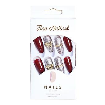 Rød med sølvpailletter Mellemlange falske negle Charmerende behagelig at have manicure negle til kvinder og pige neglesalon
