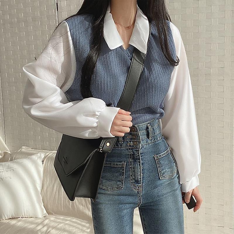 Patchwork Long Sleeve Loose Contrast Color And Versatile Top