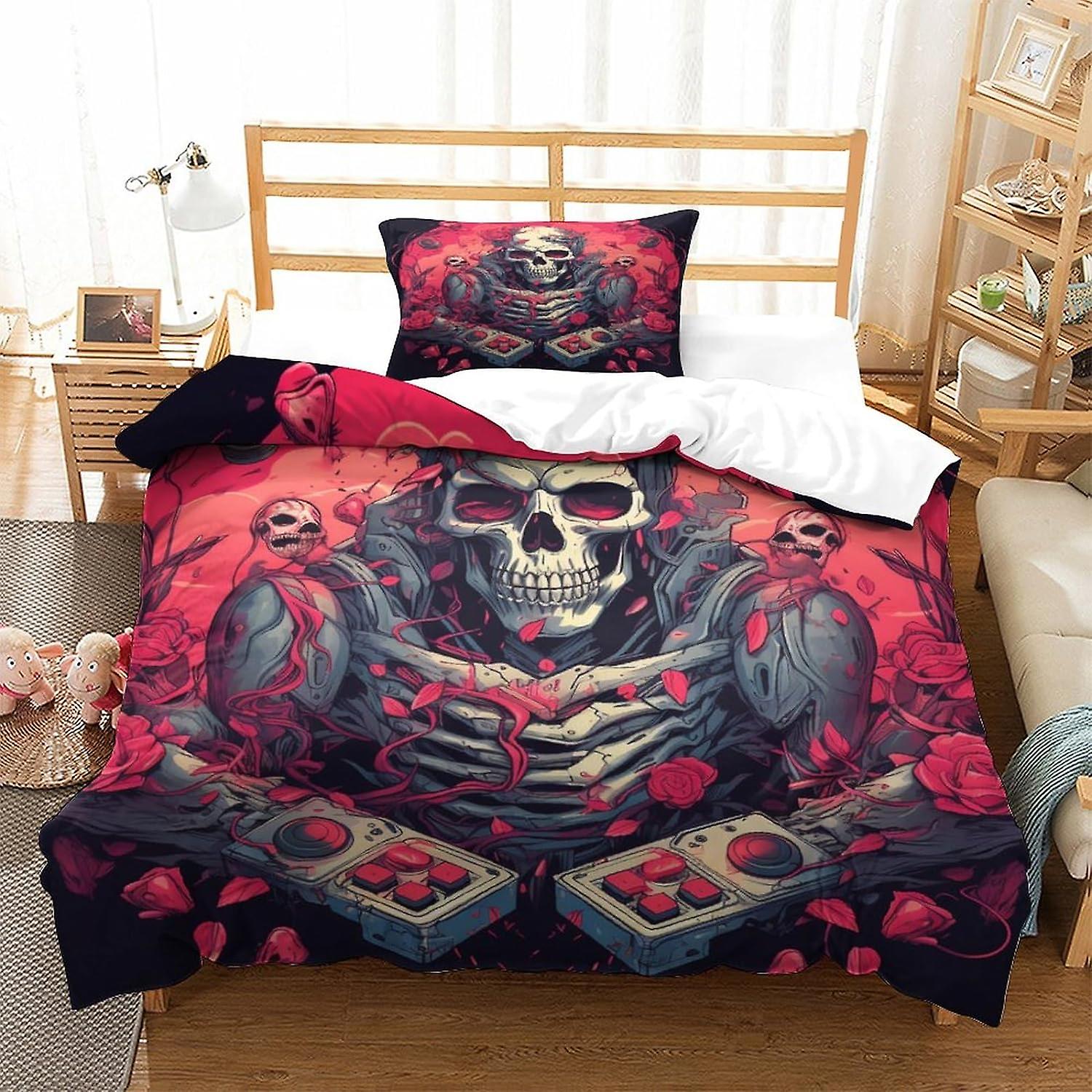 2 Pieces Human Skeleton Bedding Set with Pillowcases Game Controller Duvet Cover with Zipper Closure Soft Microfiber Quilt Cover Double Size Single