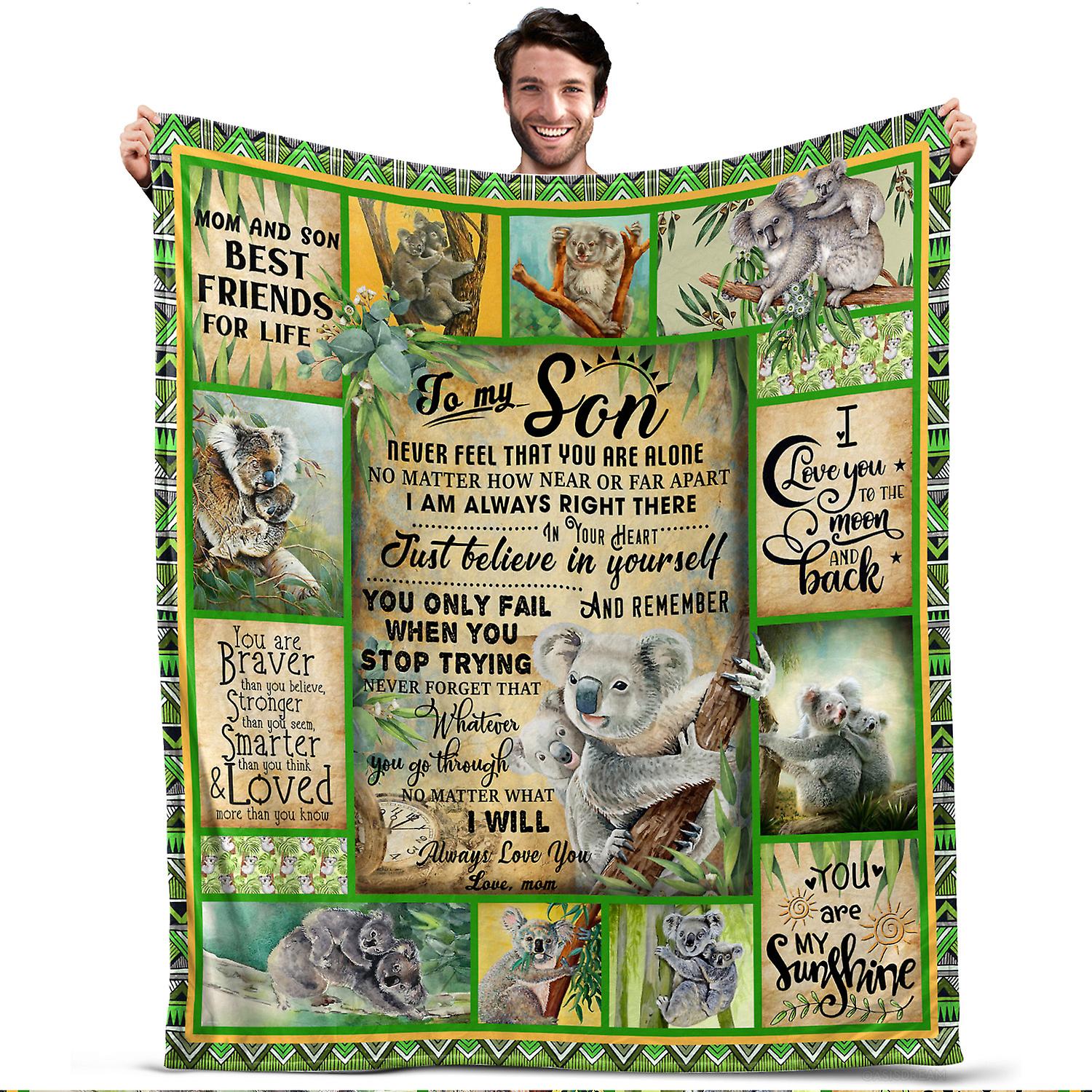 Oasisdream Throw Blanket To My Son for Sofa, Office, Outdoor Use, Birthday Gift for Him from Mom with Koala Print