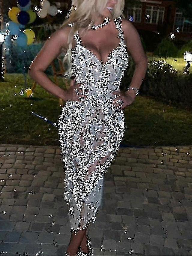 Women's Fringe Midi Silver Sleeveless Sequins Tassel Fringe Fall Spaghetti Strap Fashion Wed