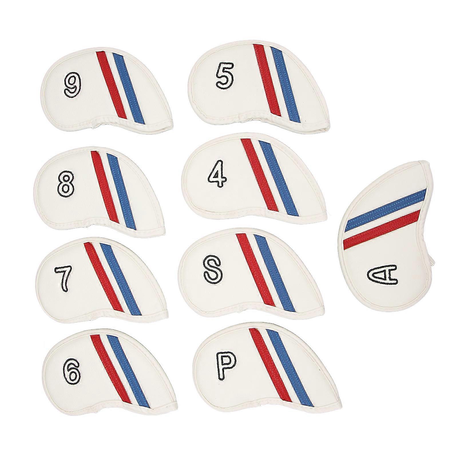9pcs Golf Club Head Cover Pu Lichee Pattern Double Slash Embroidery Hook And Loop Closure Golf Headcover Set For Training White