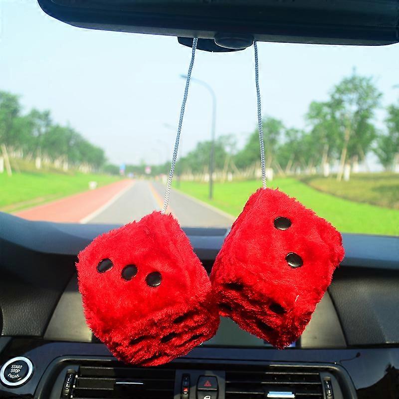 Pair of Retro Square Mirror Hanging Couple Fuzzy Plush Dice with Dots for Car Decoration