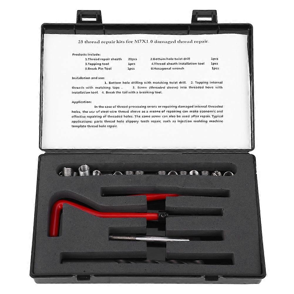 25Pcs Thread Repair Kit Stainless Steel Twisted Drill Wrench Threaded Insert Tap Insertion Tool M7x1