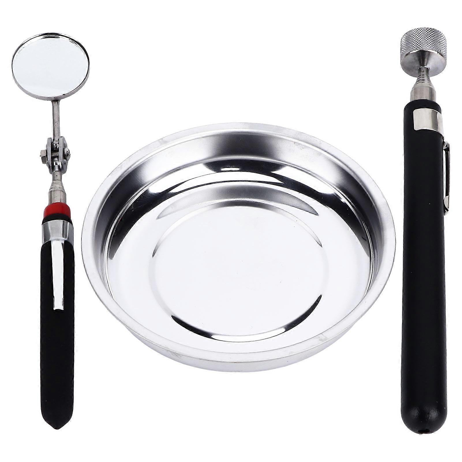 Magnetic Parts Tray Set Round Stainless Steel with Pick Up Tool Telescoping Mirror for Garage