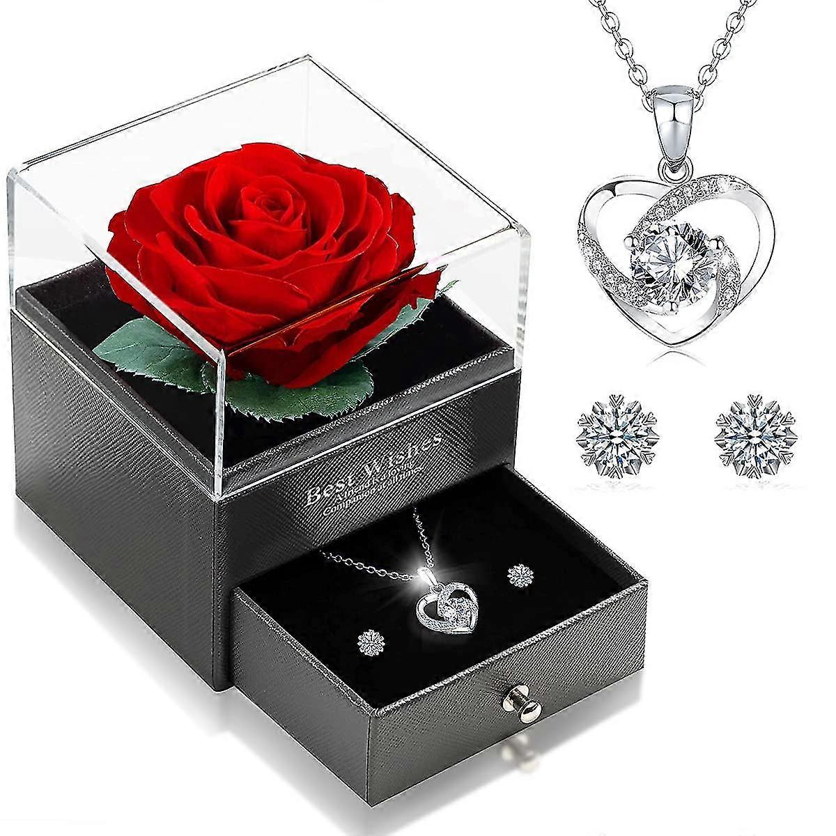 قلادة وأقراط على شكل قلب من الوردة الحقيقية الخالدة، ورود لا نهائية، صندوق هدايا مجوهرات، صندوق ورود، أعياد الميلاد، عيد الحب
