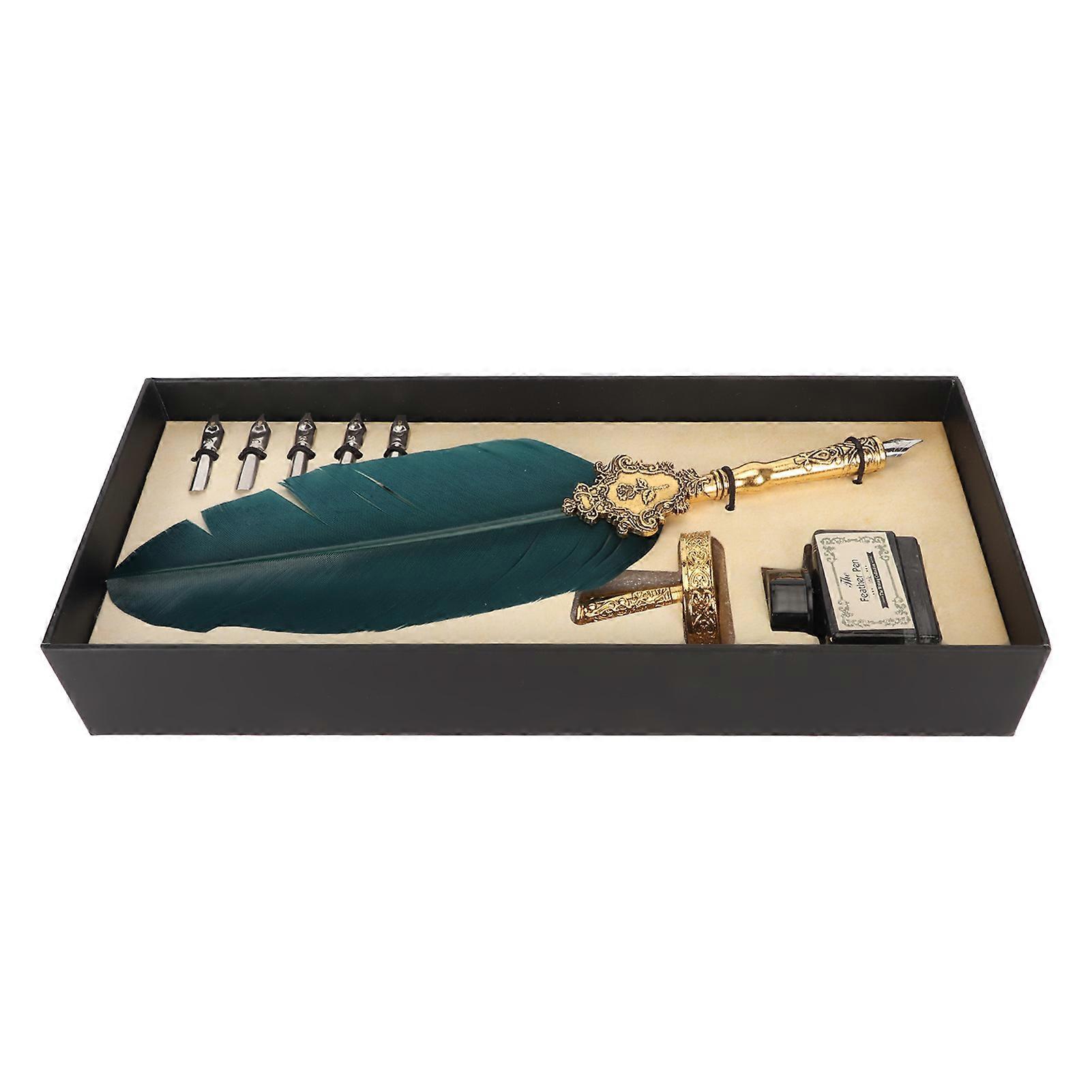 Feather Pen and Ink Set with 5 Interchangeable Nibs for Student Retro Style Writing Smoothly Feather Quill Pen for School