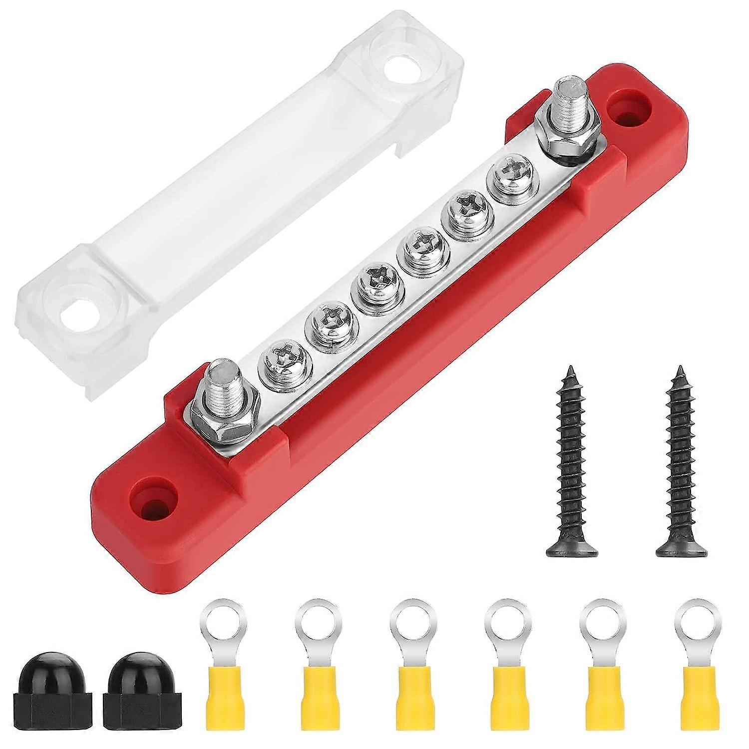 150A Common BusBar Power Terminal Blocks with 2 M6 Studs 6 M4 Screws Terminals, 12V- 48V DC Single-row Covered Power Ground Distribution Block with 6 