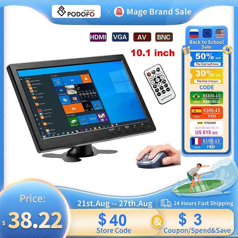 Podofo 10.1" LCD HD Monitor Mini TV & Computer Display Color Screen 2 Channel Video Input Security Monitor With Speaker VGA