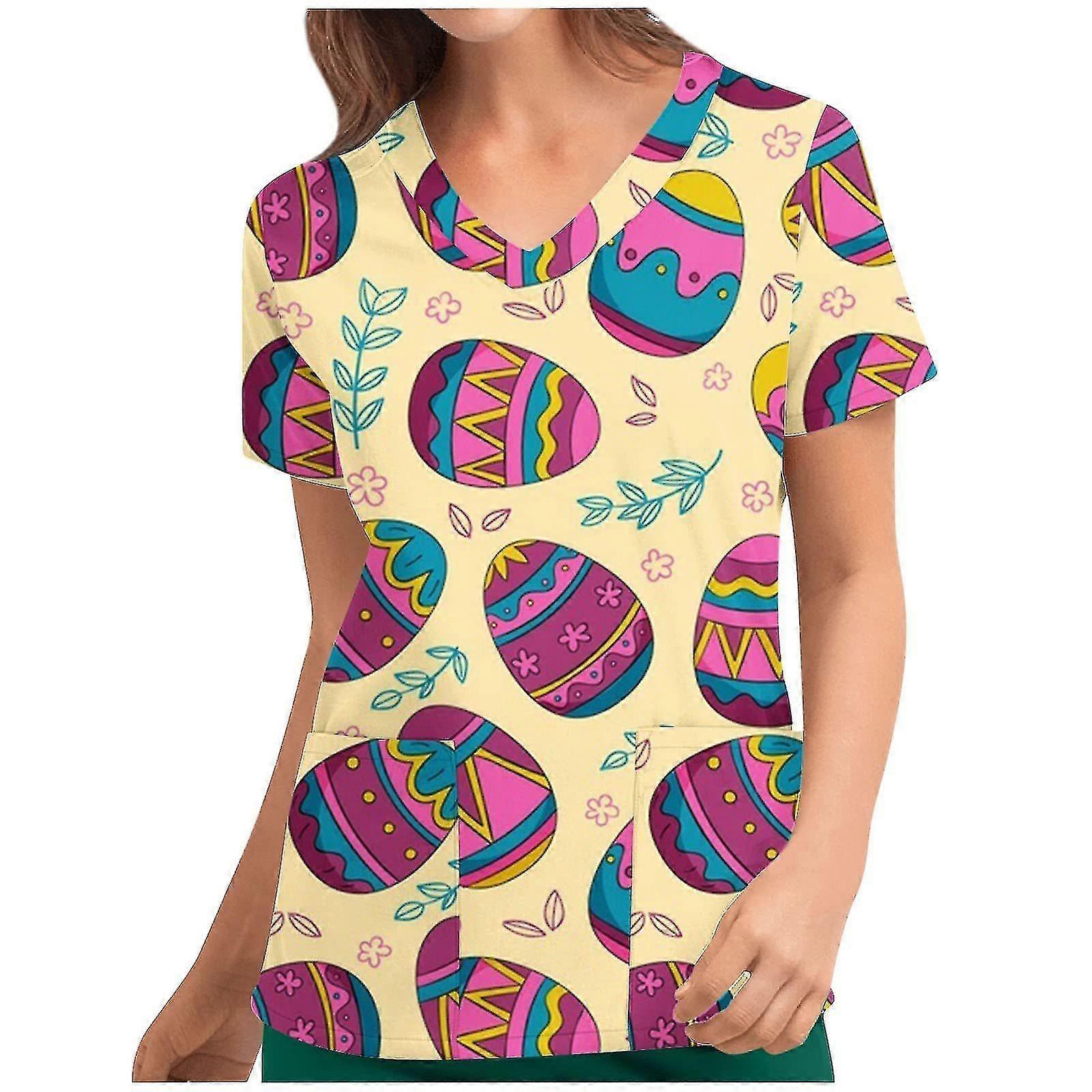 المرأة عيد الفصح طباعة الدعك الطبي التمريض موحدة قصيرة الأكمام جيوب قمم تي شيرت