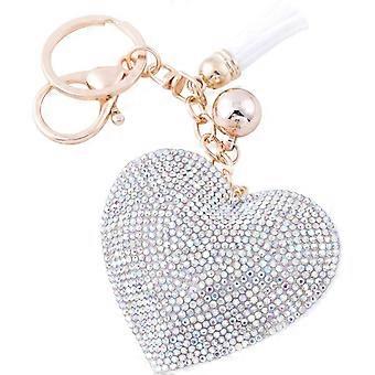 Leather Love Heart Keychain Bling Premium Metal Car Key Ring Suitcase Backpacks Accessories Charm with Tassels (AB Color)