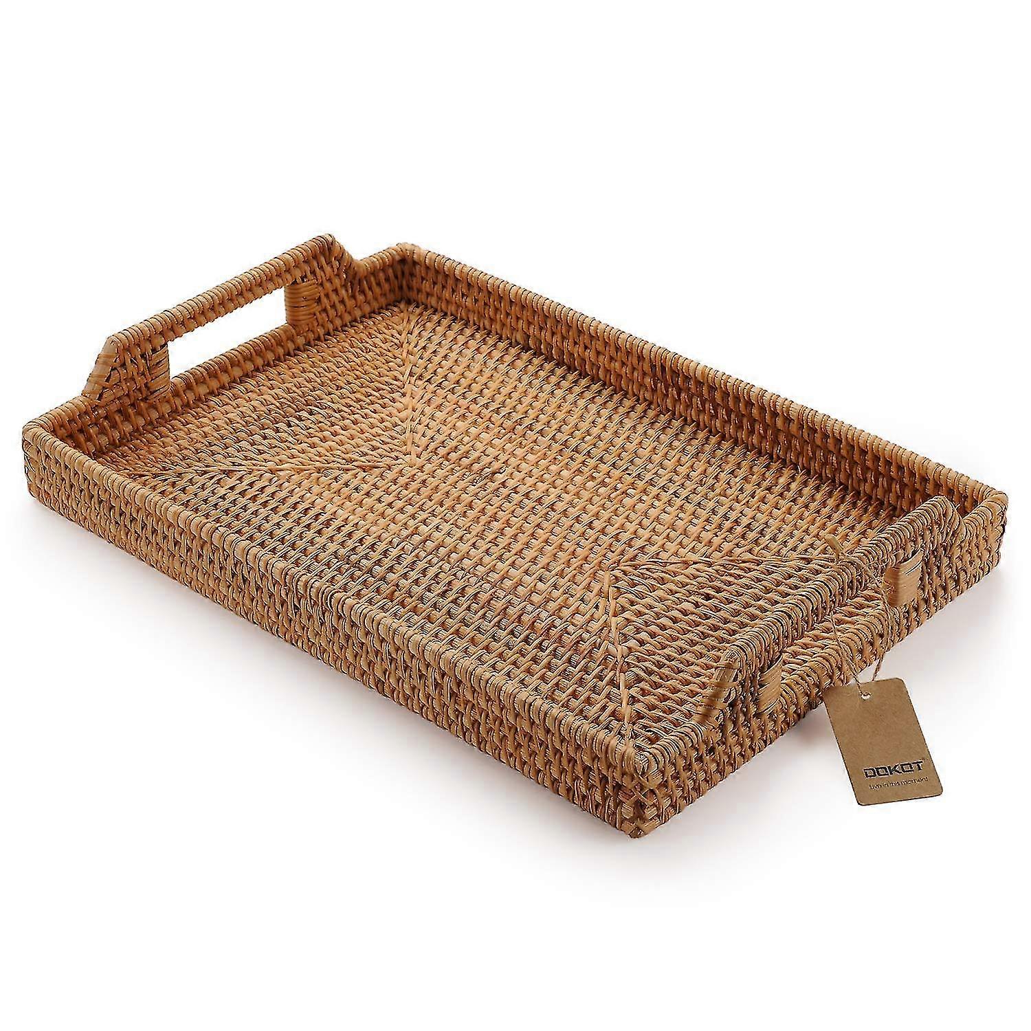 Serving Tray Rectangular Non-slip Tray With Handle, Rattan