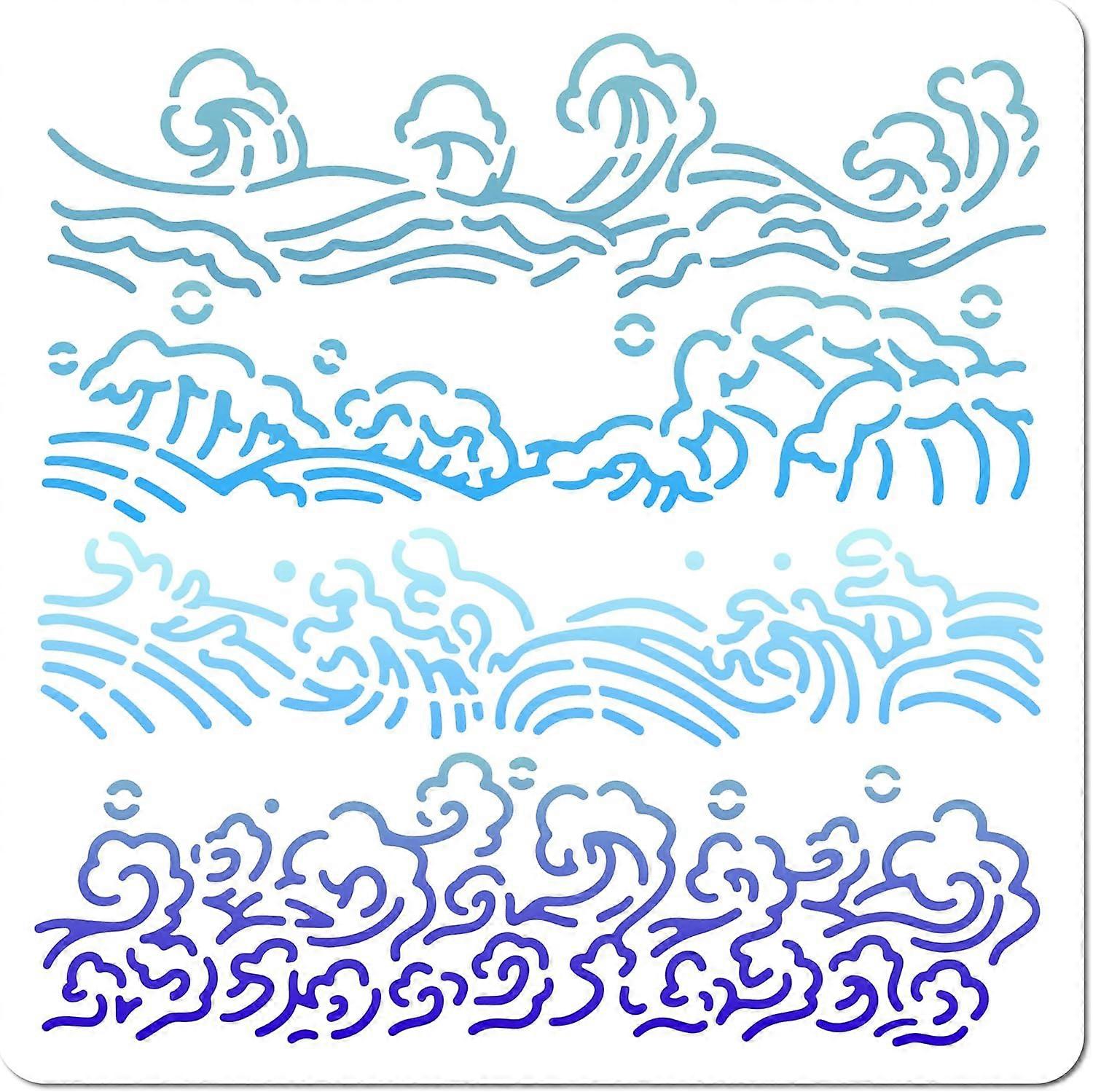 30x30cm Sea Waves Stencil Ocean Wave Template 4 Styles Nautical Wave Pattern Reusable Plastic Square Stencils for Painting on Wood Floor Wall Furnitur