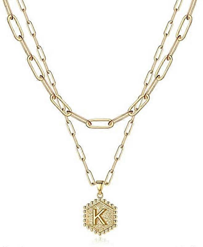 Ladies exquisite layered initial necklace, hexagonal pendant necklace