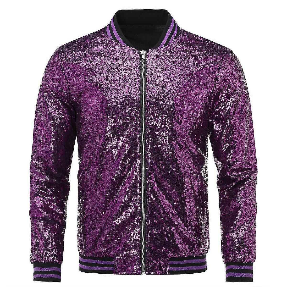 Mens Sequins Casual Zipper Party Bomber Jacket