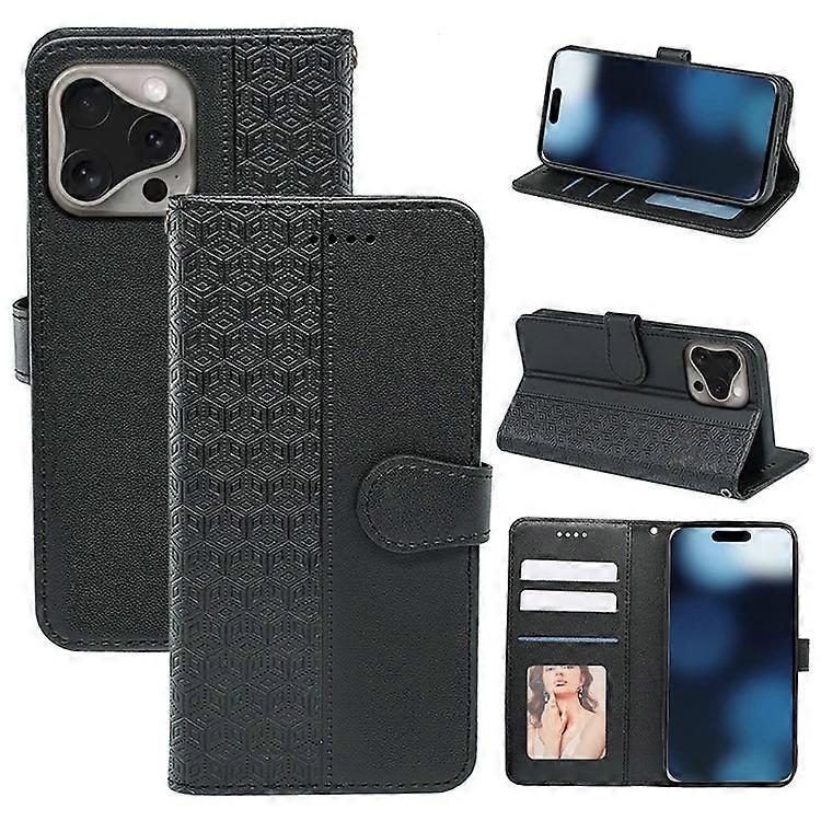 Compatible For iPhone 16 Pro Case Cubic Grid Flip Wallet Leather Phone Cover