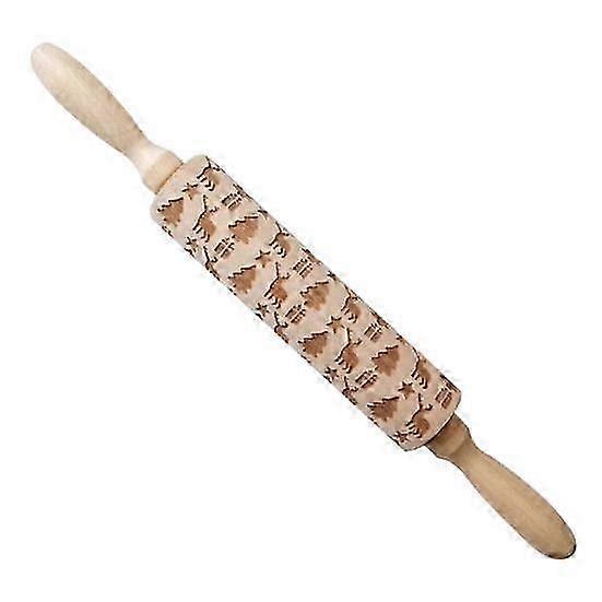 Christmas Tree Deer Embossed Wooden Rolling Pin Baking Cookies Biscuit Roller