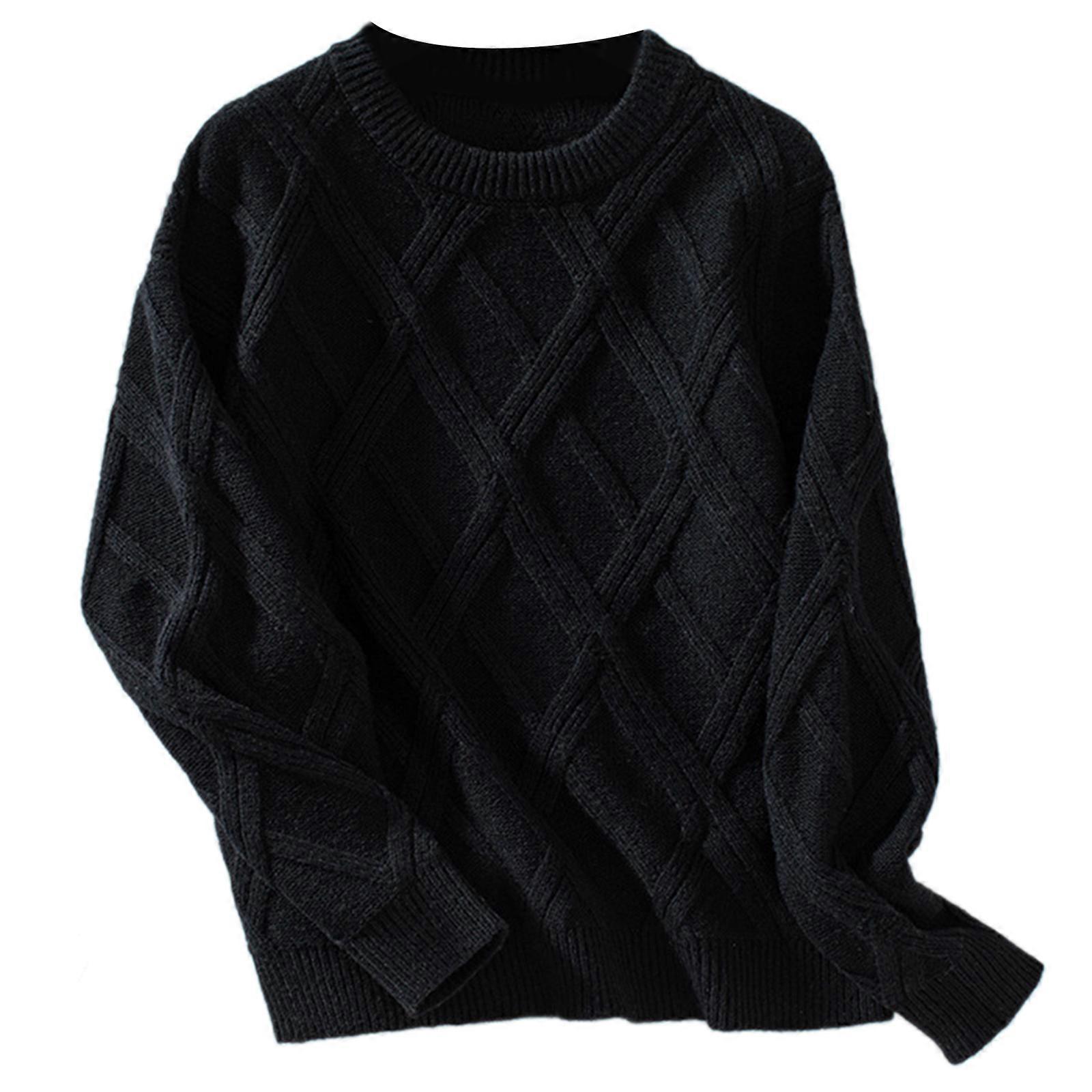 Damen Pullover Pullover mit Zopfmuster Einfarbig Rautenmuster Pullover Lang Langarm Loose Fit Strick Top Schwarz XL