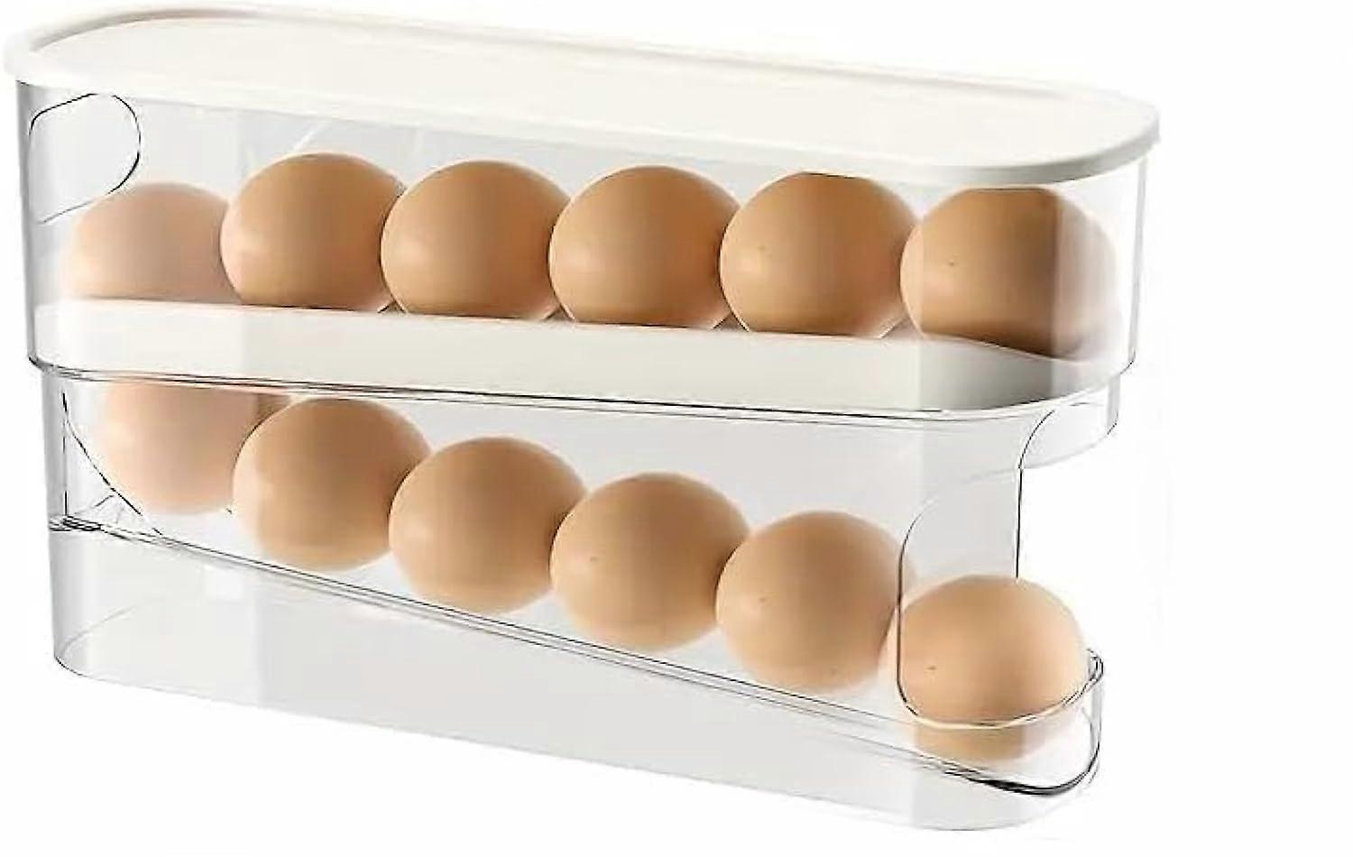 Fridge Egg Organizer 12-Grid Rolling Dispenser Tray Space-Saving Automatic Clear Fridge Storage Bin for Kitchen Cabinet