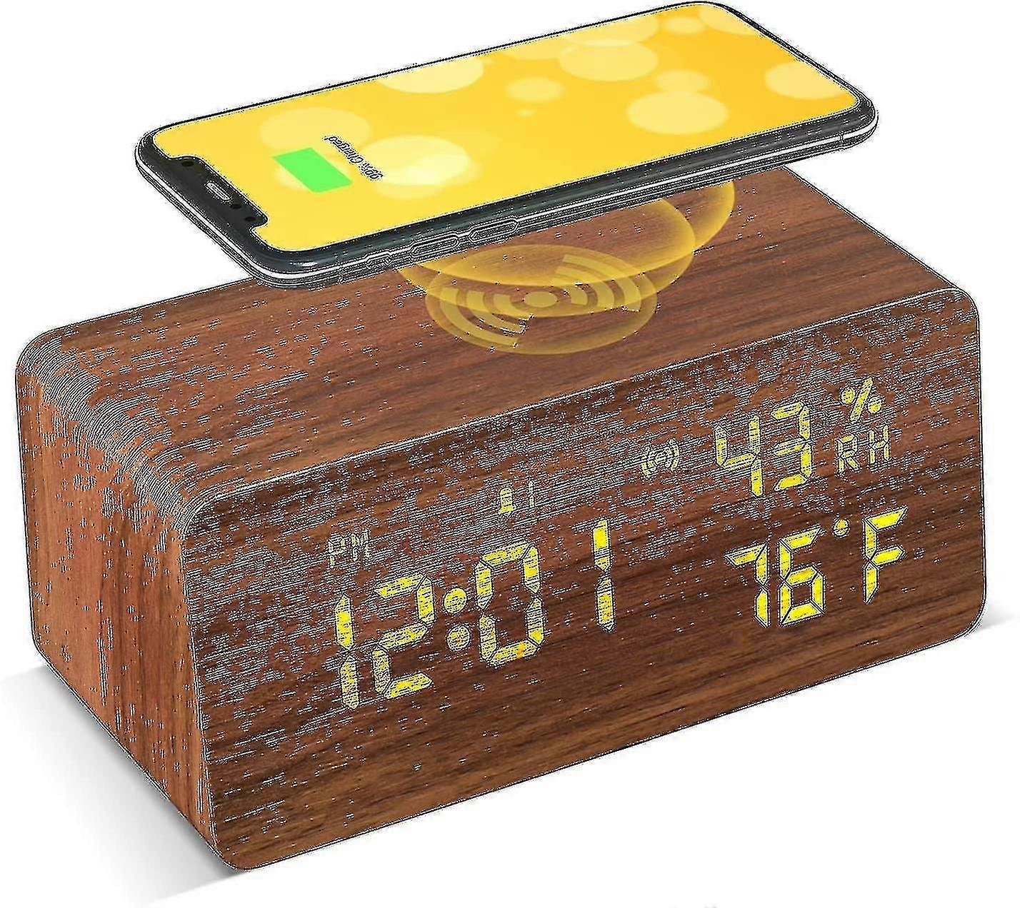 Wooden Digital Alarm Clock With Wireless Charging, Large Led Display, 3-level Brightness, Sound Cont