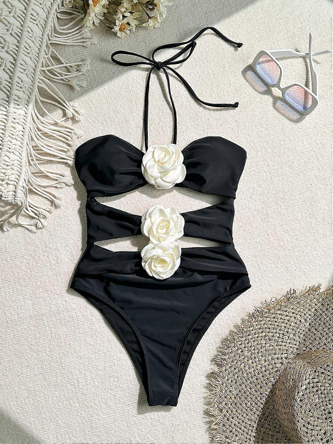 Maiô de Uma Peça com Recortes Pretos para Mulheres 3d Rose Halter | Calções de Verão para Homem