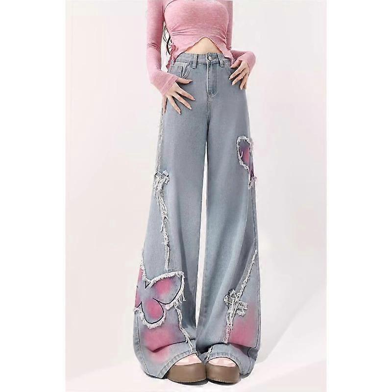 Spring Ladies New Light Color Straight Wide Leg Butterfly Jeans