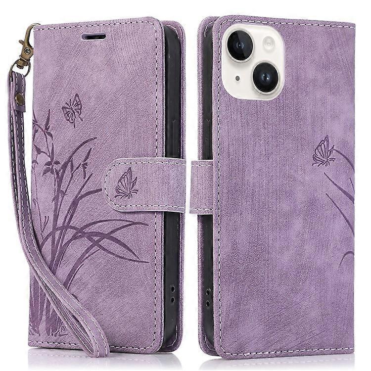 Compatible For iPhone 13 Leather Case with Strap Wallet Stand Orchid Butterfly Pattern