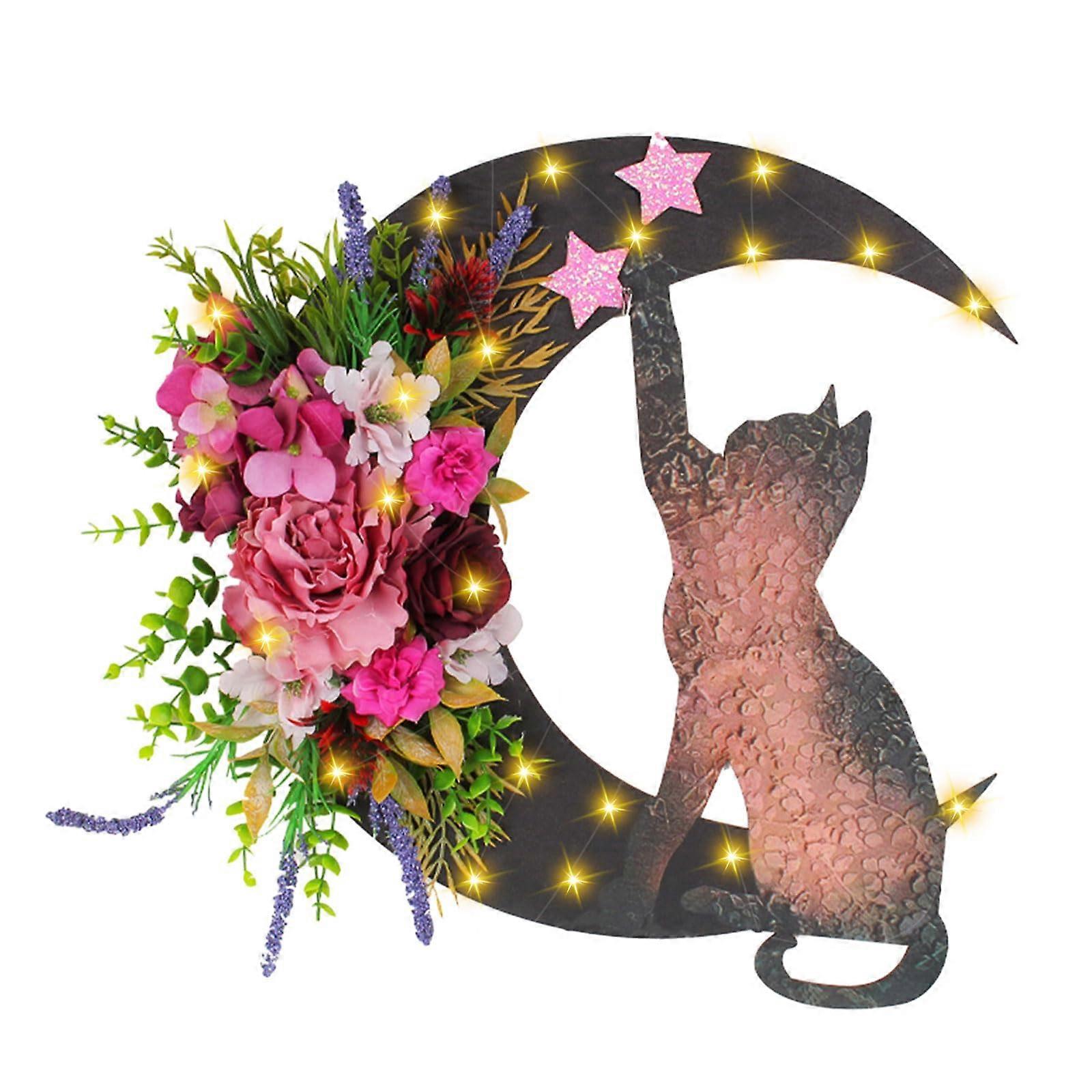 Halloween Moon Cat Wreath with Lights for Front Door (Design A) Ref: 1160