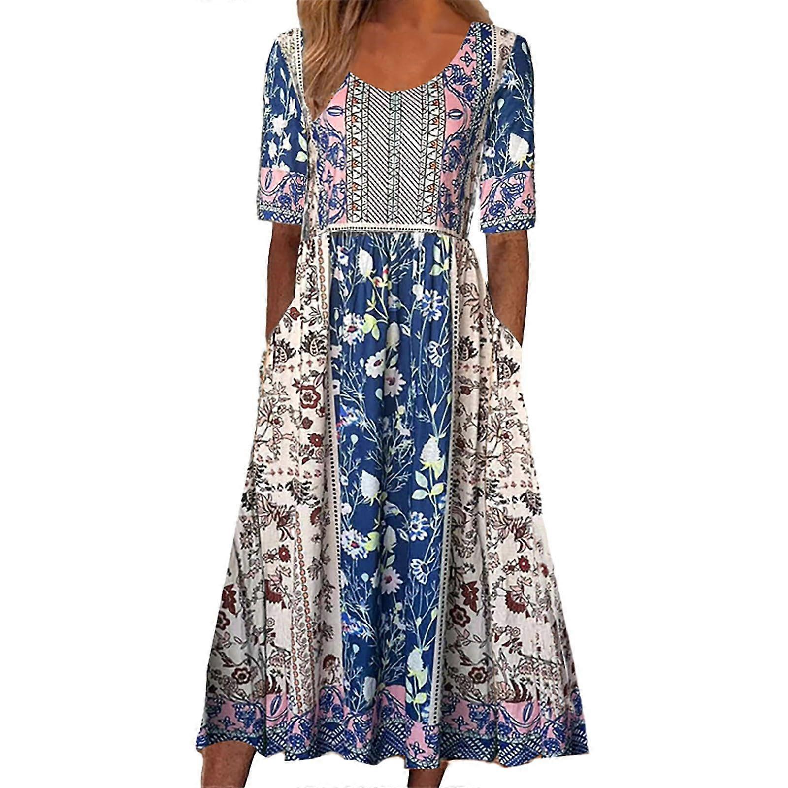 blue dress for baby girl Tiered Printed Round Neck Short Sleeve Dress – Charming Charlie main image 0