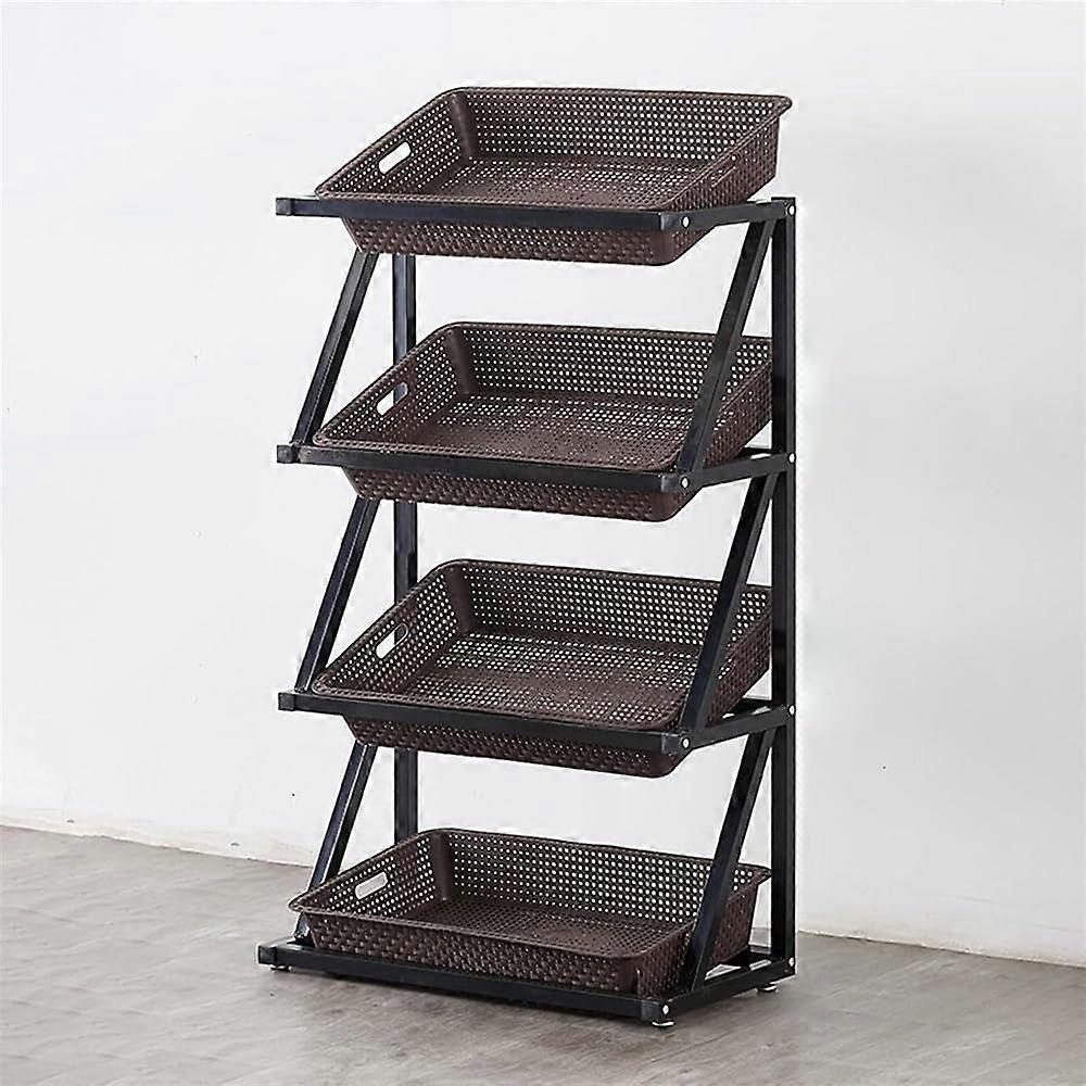 4tier vegetable stand with baskets, large retail shelf for kitchen stores or supermarkets (brown)
