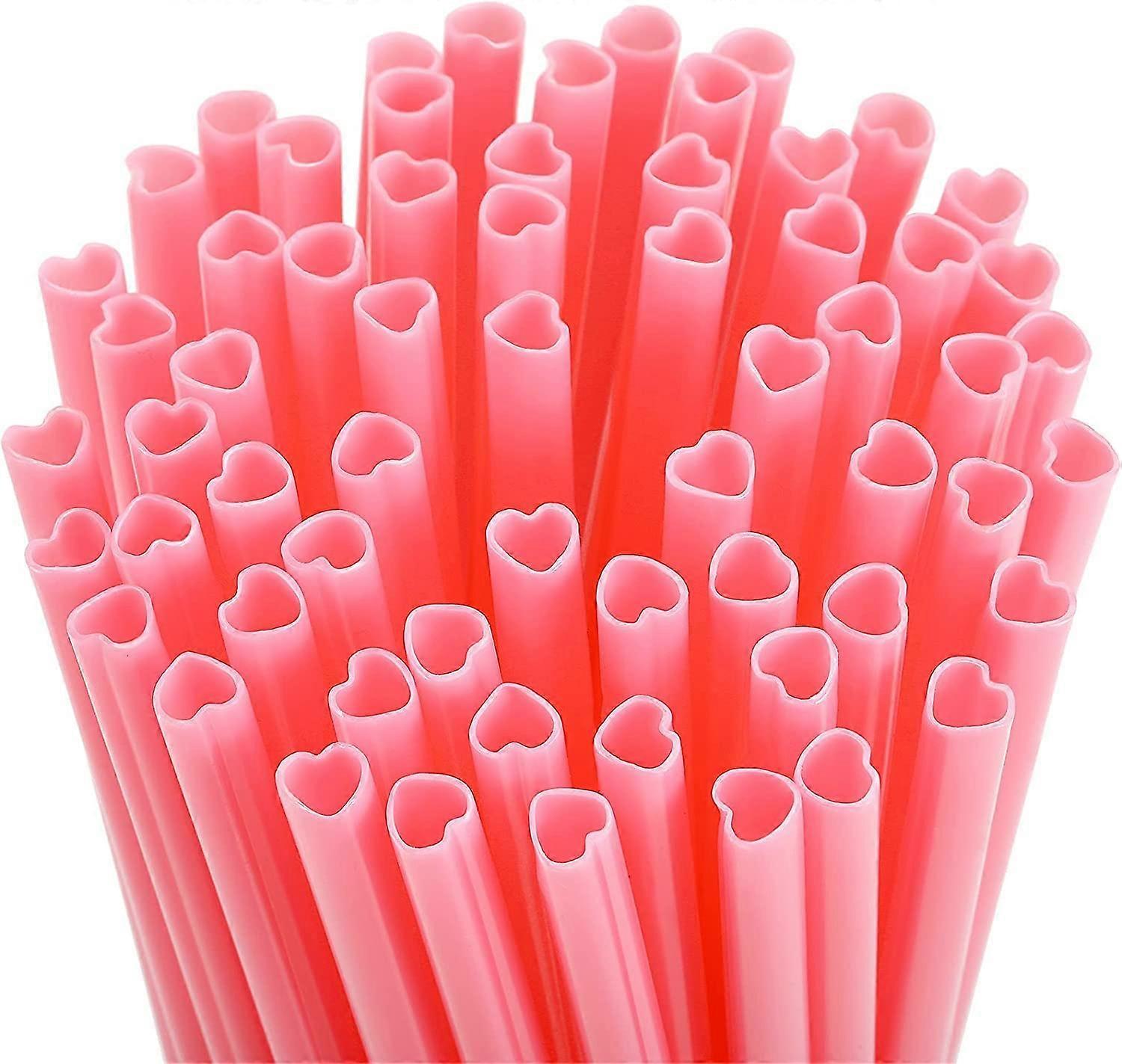 Pack of 100 Pink Heart-Shaped Reusable Plastic Straws with Cleaning Brushes for Smoothies Milkshakes Parties