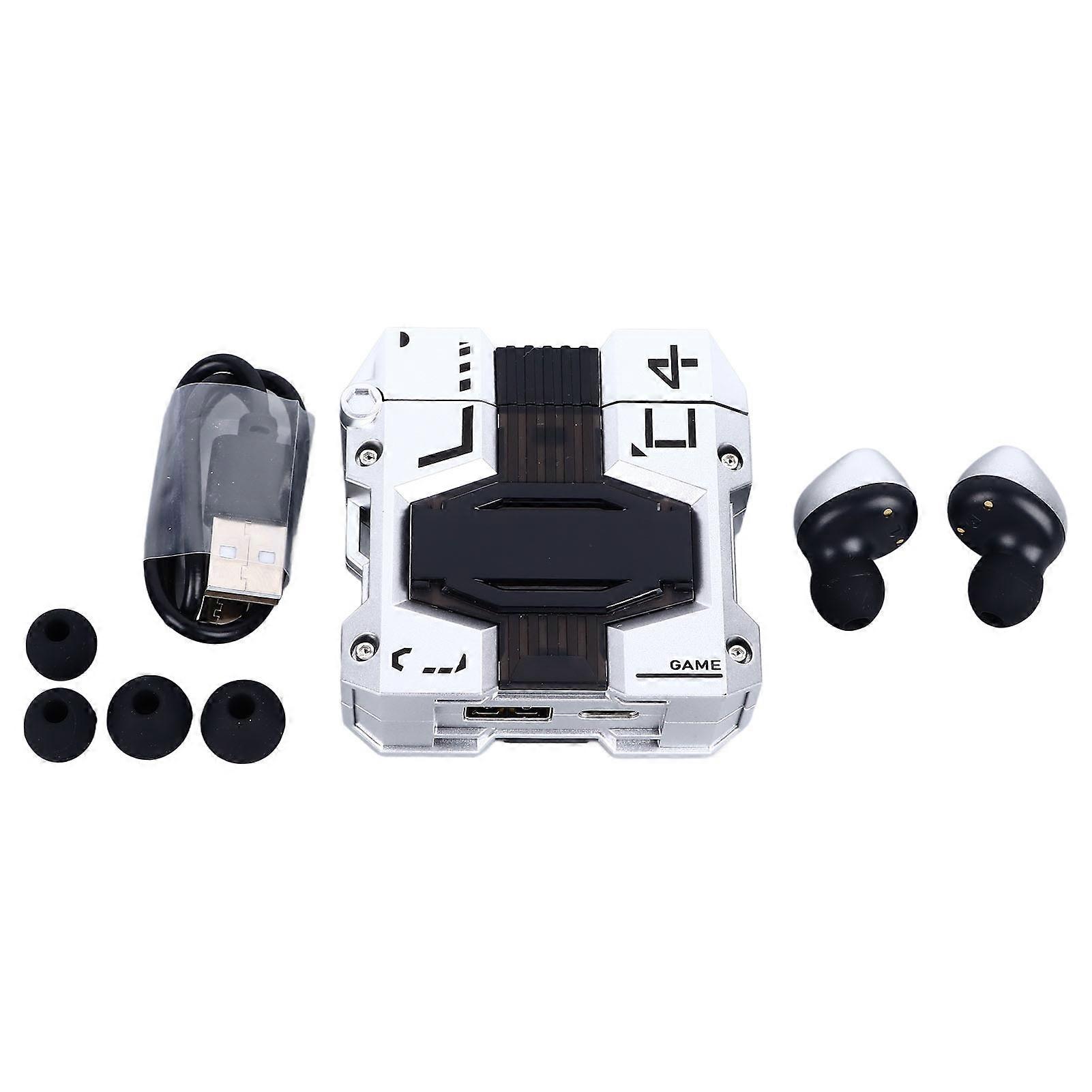 Silver Bluetooth Earbuds with Noise Cancellation, Digital Display, and Charging Case