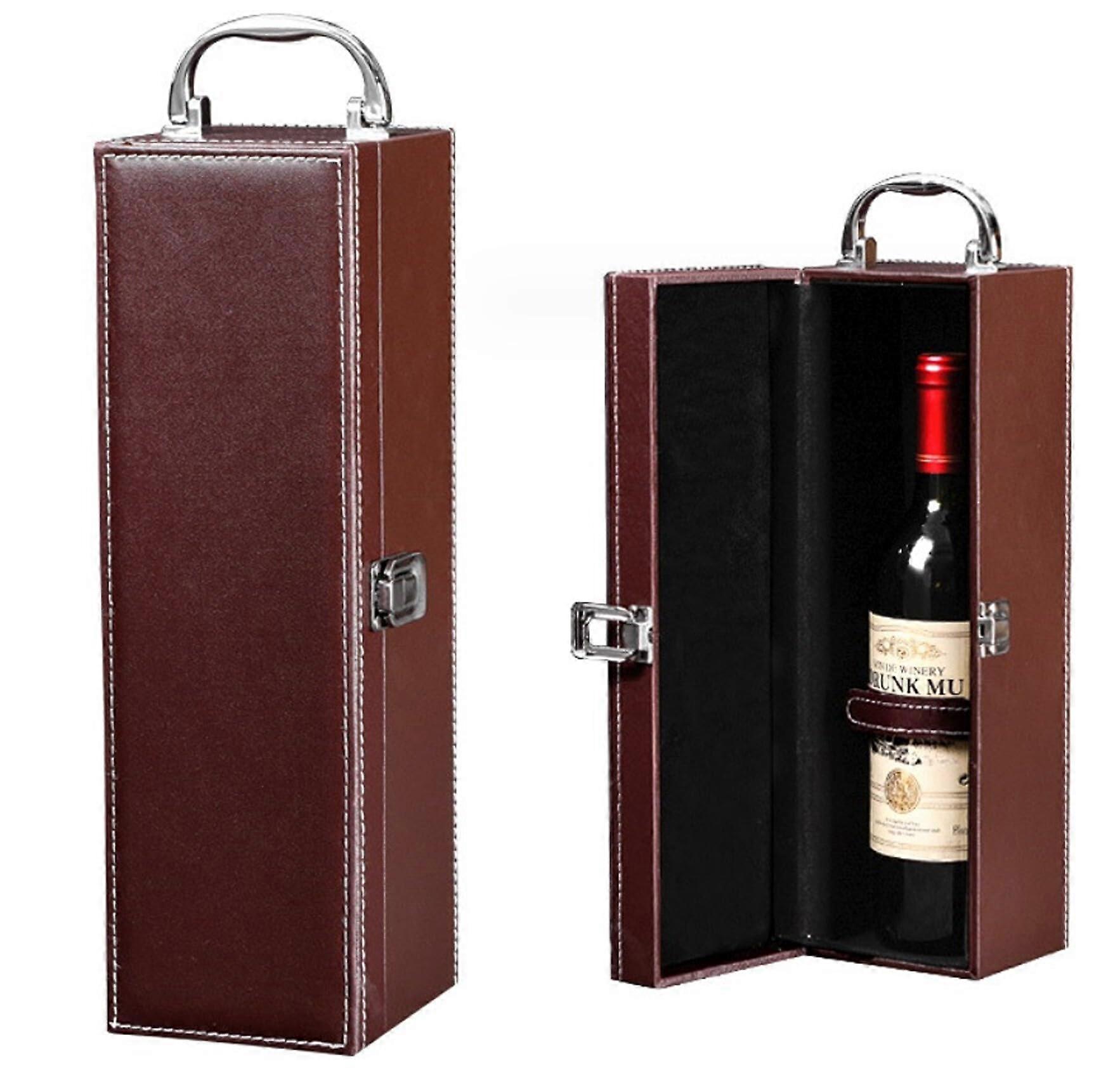 Wine Bottle Gift Box - Portable Brown Faux Leather Wine Packaging for 0.7L Bottles with Closure, Elegant Wine Box