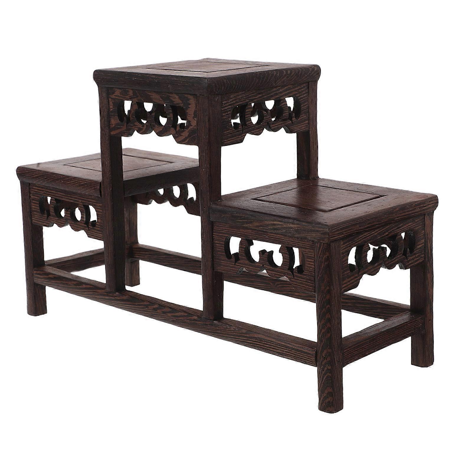 Wooden Display Stand with Rustic Charm for Home Coffee Color Three Tier Design Stable and Portable Wood