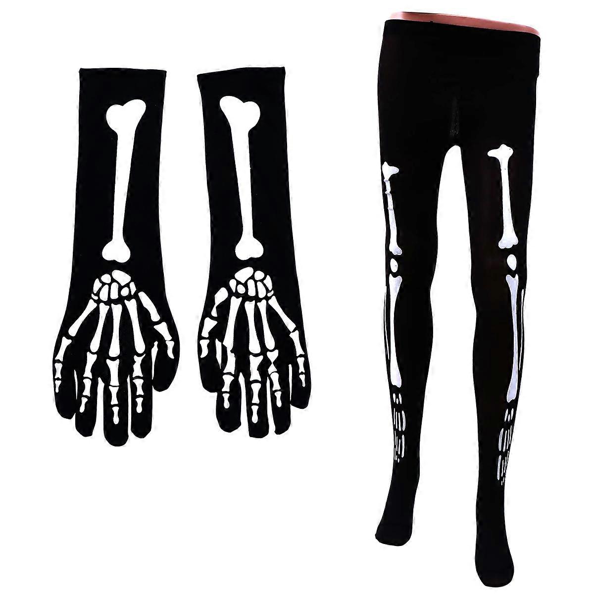 Bone Printed Halloween Glove and Pantyhose Set for Women Dress Up Assorted Color 1Set