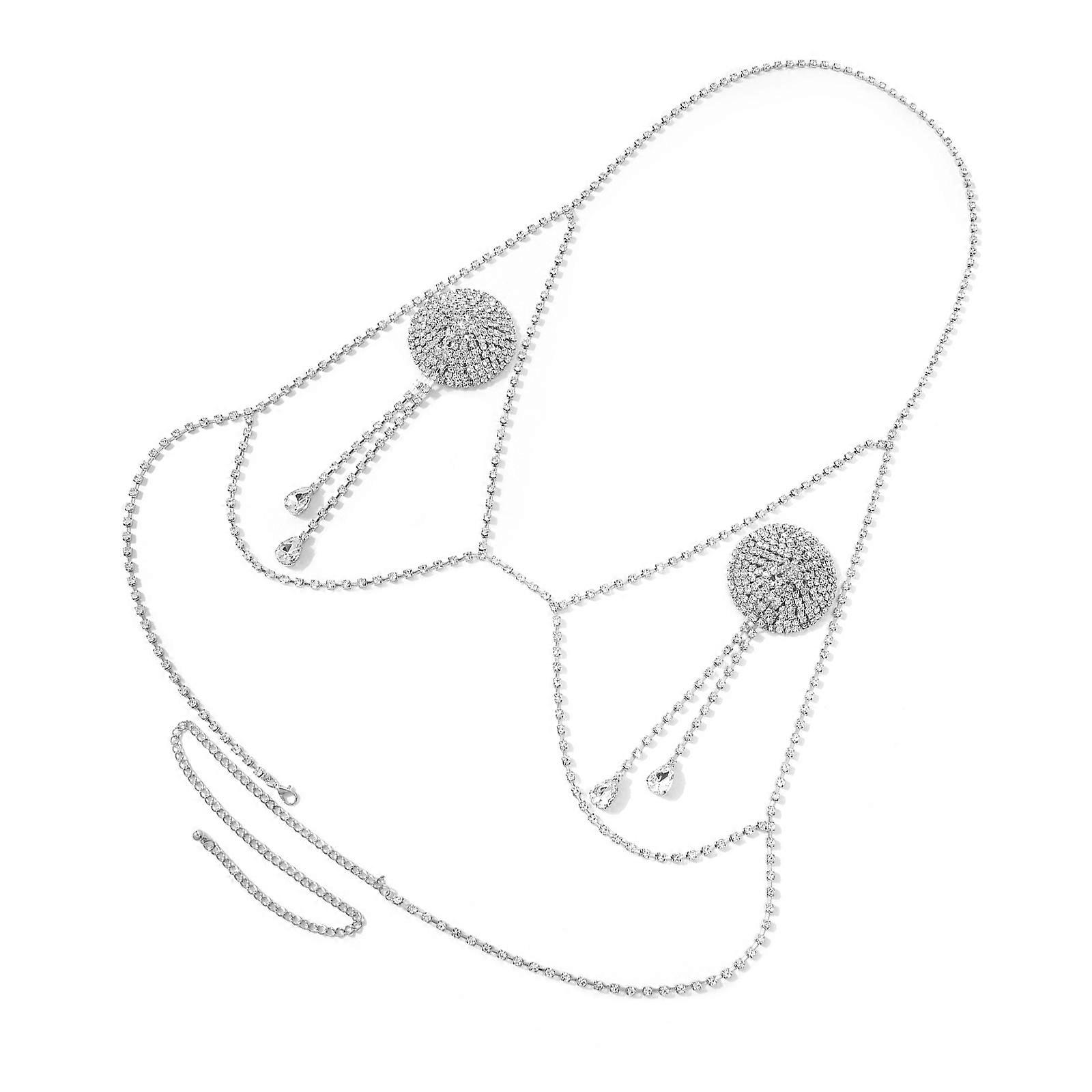 Body Chain Ensemble With Adjustable Length Set Rhinestones Halterneck Bralette  and Nipple Stickers For Evening Event  Silver