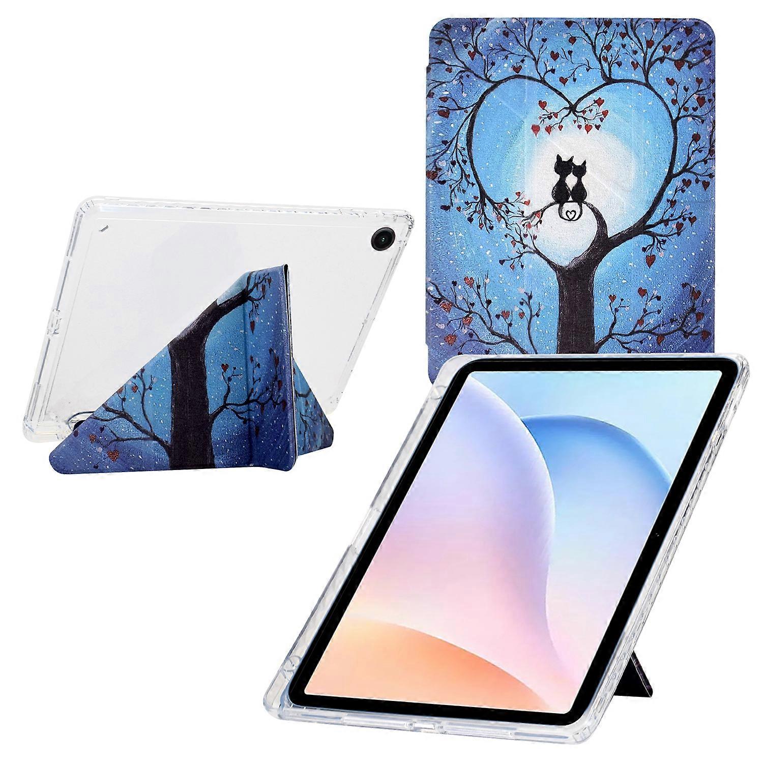 TKdaddy For Samsung Galaxy Tab A9+ Case Y-Fold Stand Pattern Print Leather + Clear Acrylic Tablet Cover with Pencil Holder Twin Cat Tree