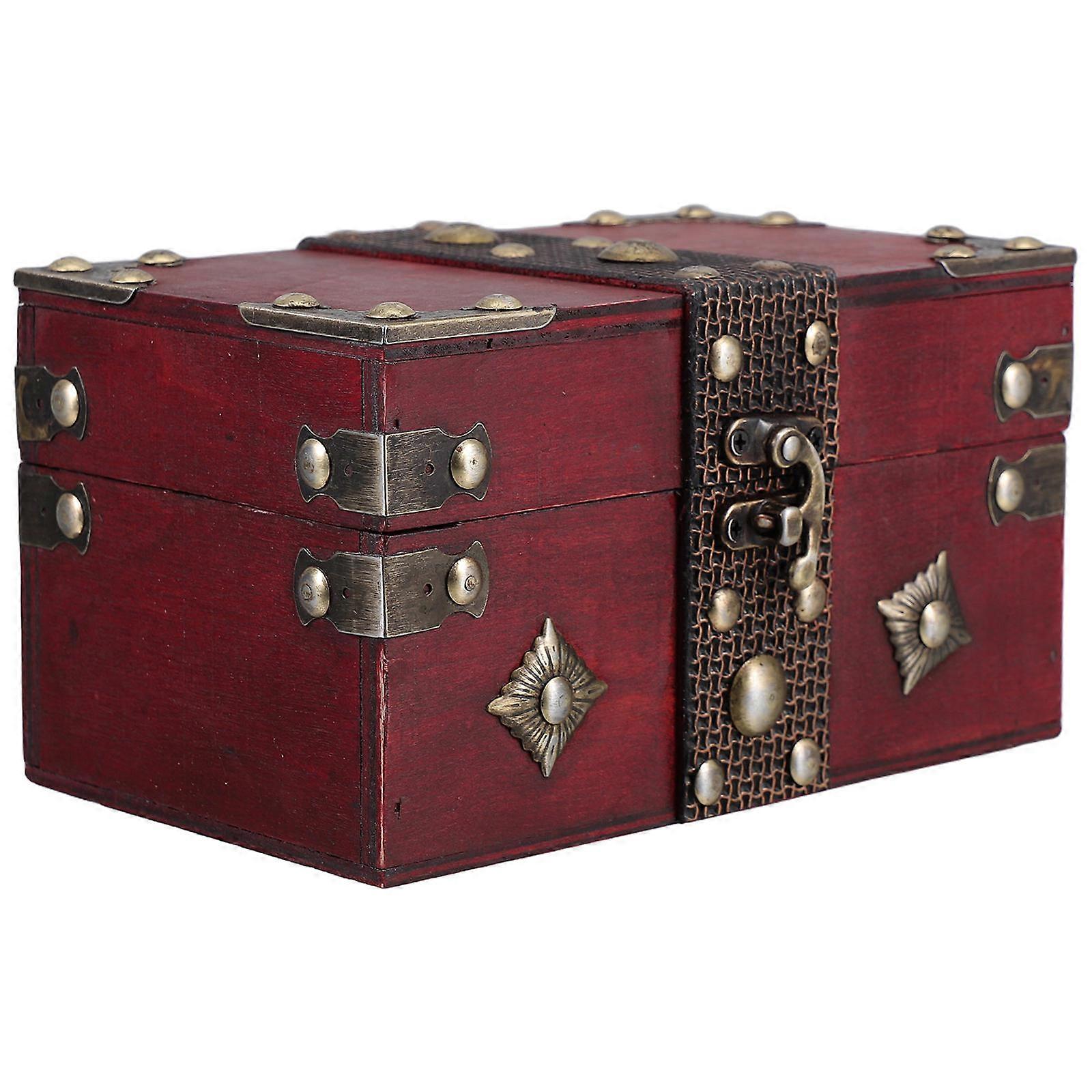 Retro Red Wooden Storage Box for Jewelry and Keepsakes with Vintage Design and Large Capacity 7x5.2x4.3 inches