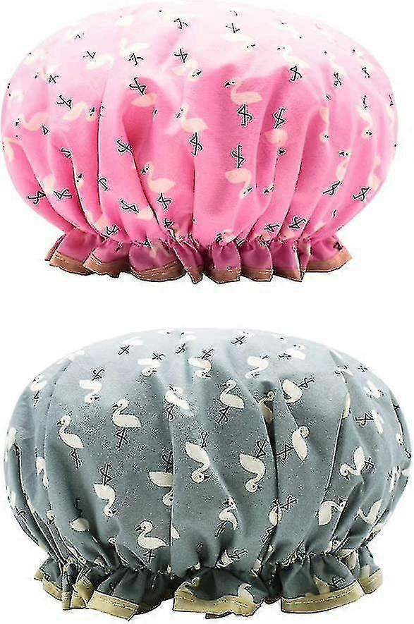 2 Pack Waterproof Double-Layer Elastic Shower Caps with Ruffle Design