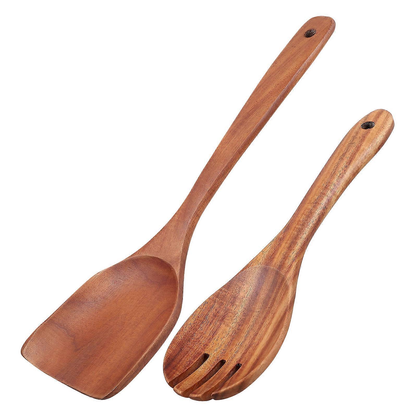 Wooden Salad Serving Set Long Handled Spatula & Fork for Mixing and Serving Salads Reusable Sturdy Kitchen Tools with Rustic Design and Hanging