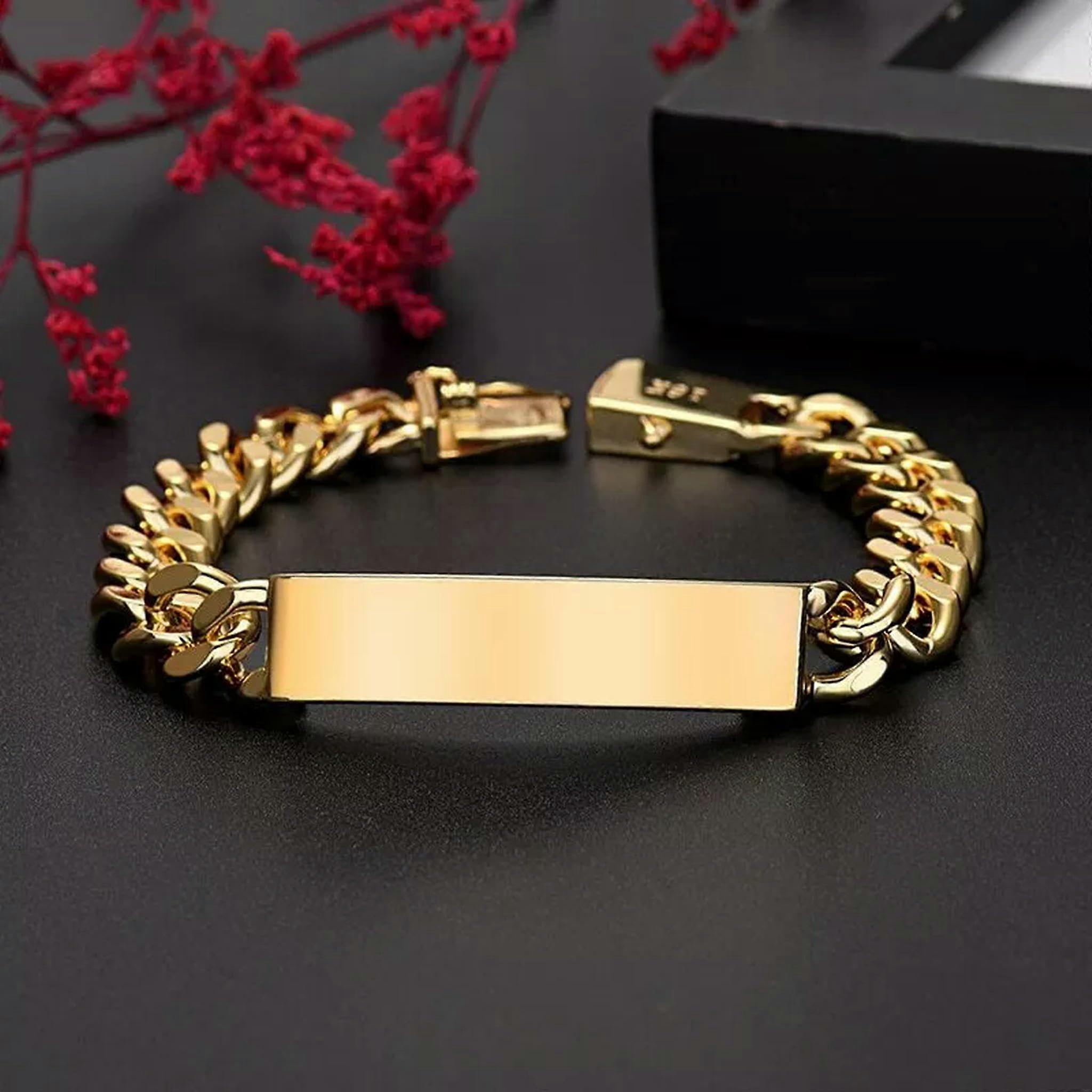 24 Karat Gold-Plated Rectangular Cuban Link Chain Bracelets, 24K Gold Finish, Rectangular Links, Hip Hop Jewelry