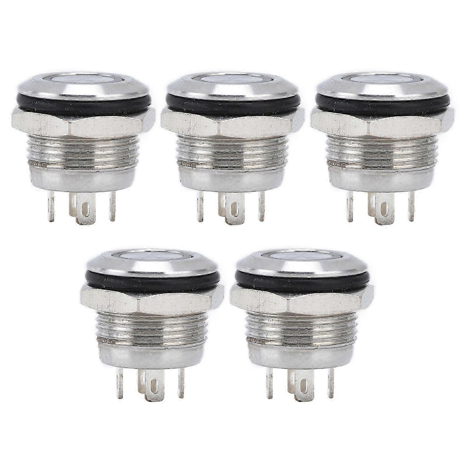 5Pcs Button Switch Stainless Steel Flat Top Button with LED Self Reset Power Accessories 12mmDC3?6V White