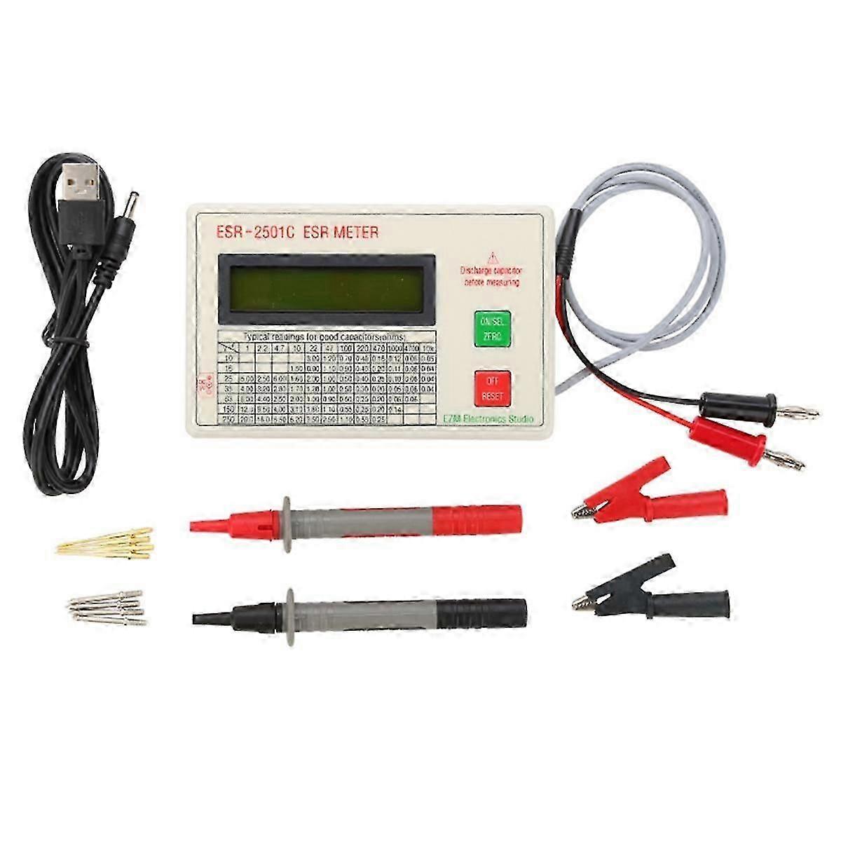 New ESR2501C Capacitor ESR Tester Test in Circuit Capacitance Meter with Test Leads Clip Battery
