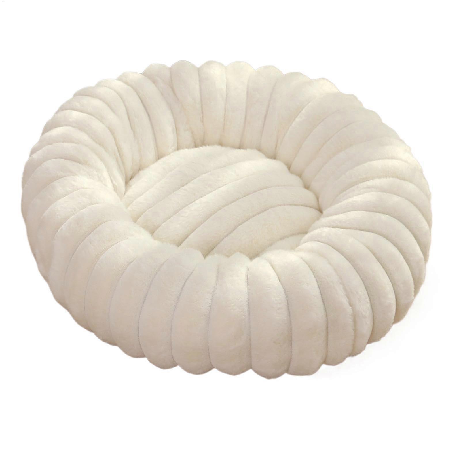 Round Cat Bed Soft Plush Donut Shape, Washable AntiSlip Pet Bed, Cream Color for Small Dogs and Cats