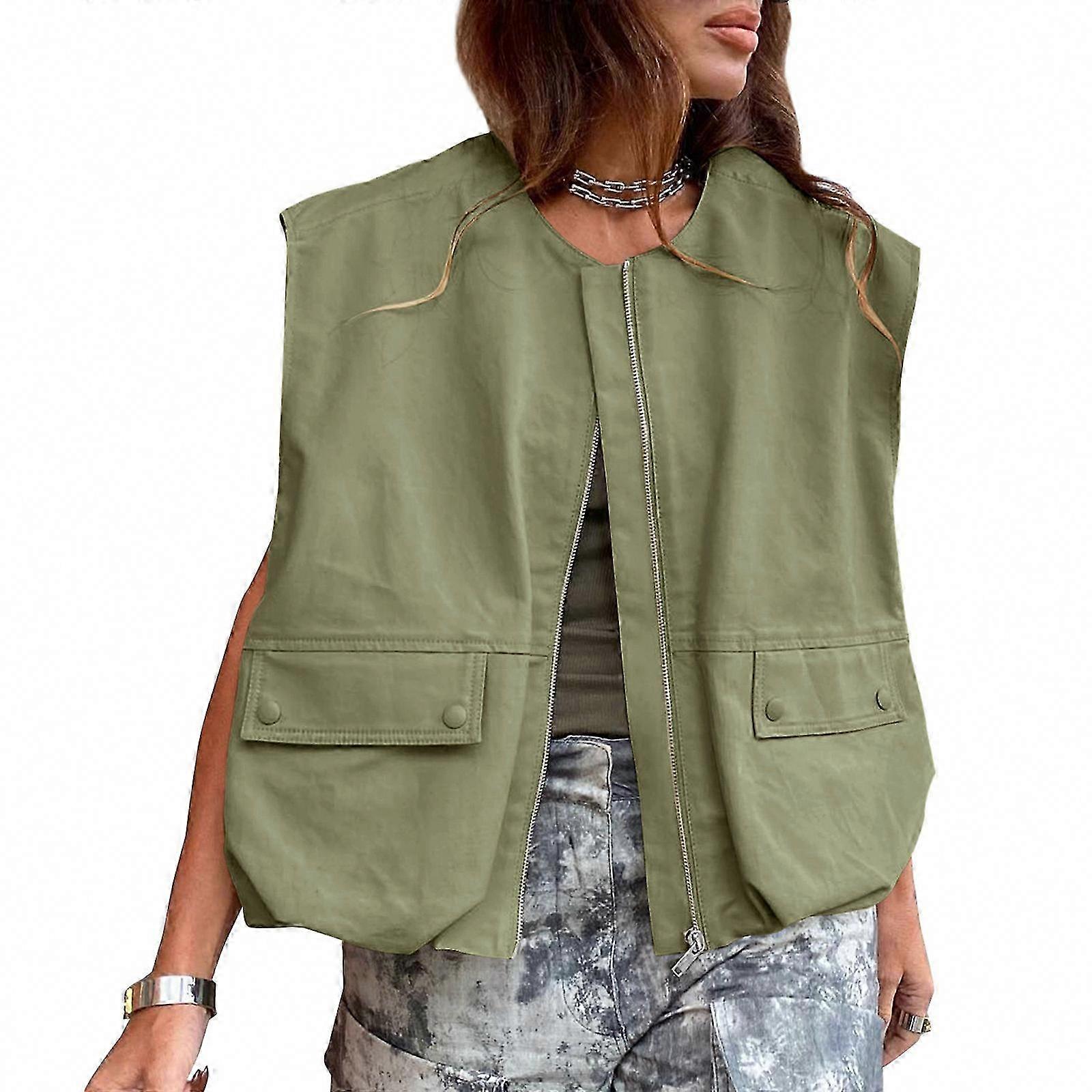 Women's Sleeveless Zip-Up Cargo Vest Jacket, Casual Oversized Waistcoat with Ruched Bottom and Pockets, Lake Blue, XXL