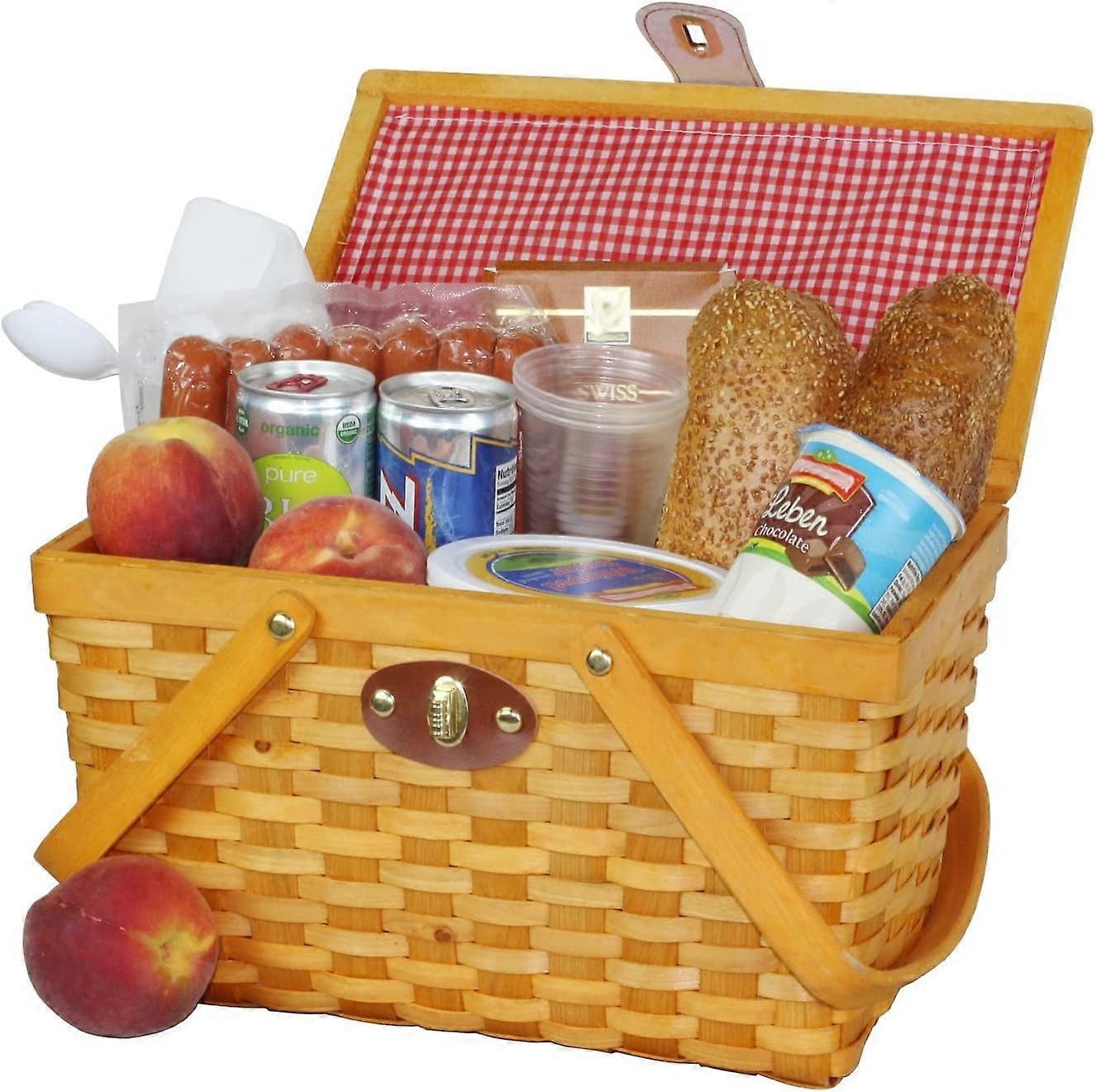 QI003081 Gingham Lined Picnic Basket with Folding Handles